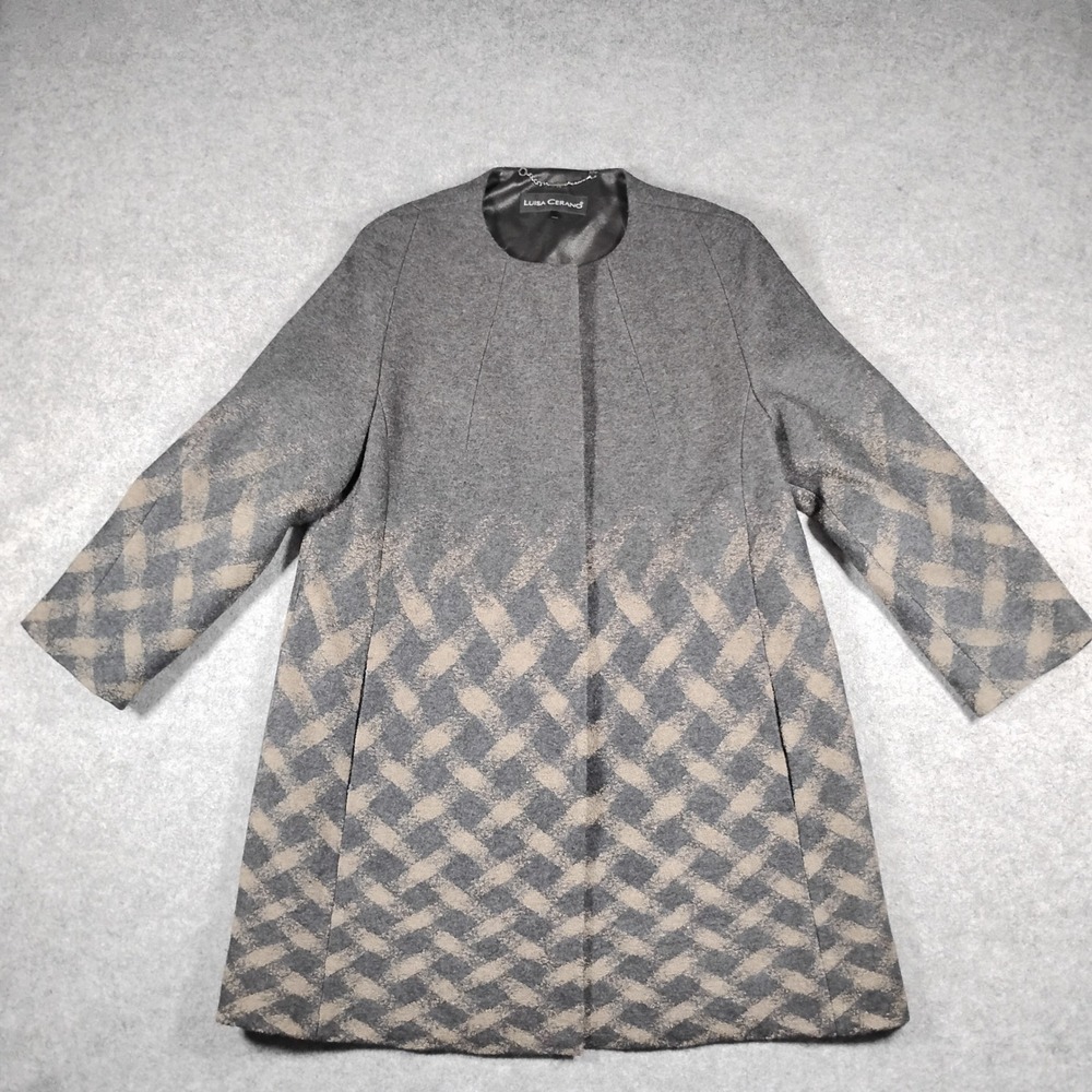 Luisa Cerano Wool Blend Jacquard Coat 6 Gray Geometric Knit Cardigan Overcoat